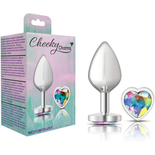 Cheeky Charms-Silver Metal Butt Plug- Heart-Clear-Medium