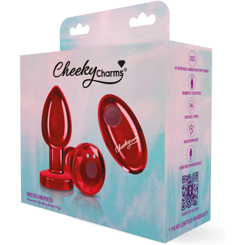 Cheeky Charms - Rechargeable Vibrating Metal Butt Plug With Remote Control - Red - Small