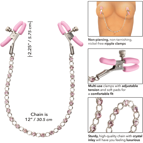 Nipple Play Crystal Chain Nipple Clamps - Pink