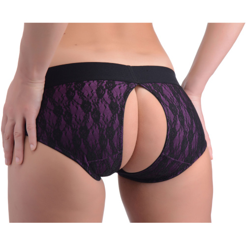 Lace Envy Crotchless Panty Harness - S/ M Black and Purple