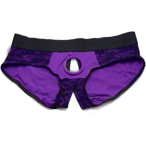 Lace Envy Crotchless Panty Harness - L/ XL Purple and Black