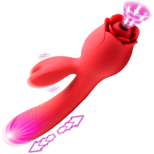 Blooming Bunny Sucking and Thrusting Silicone Rabbit Vibrator - Red