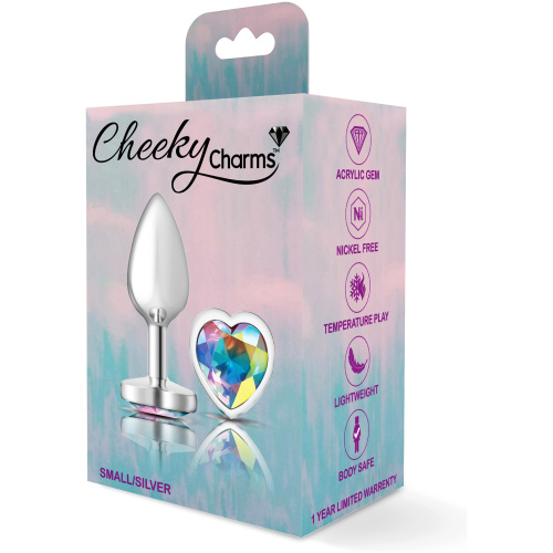 Cheeky Charms-Silver Metal Butt Plug- Heart-Clear-Small