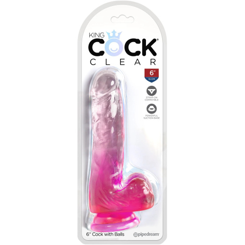 King Cock Clear 6 Inch With Balls - Pink