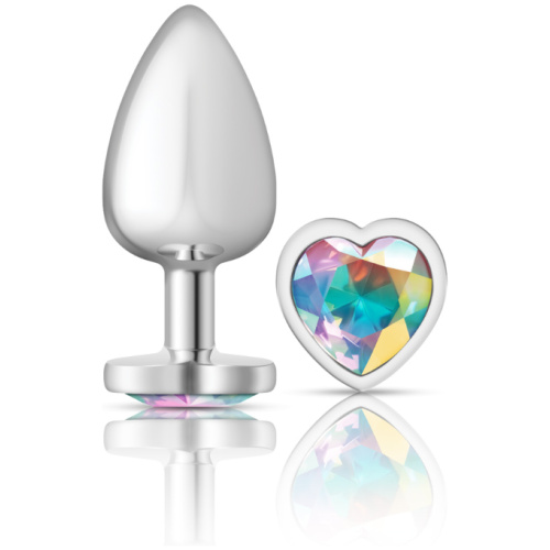 Cheeky Charms-Silver Metal Butt Plug- Heart-Clear-Large