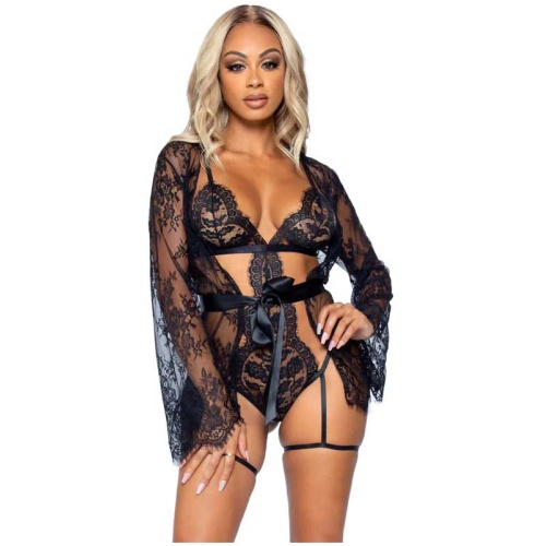 All Romance Lace Teddy and Robe Set - Small - Black
