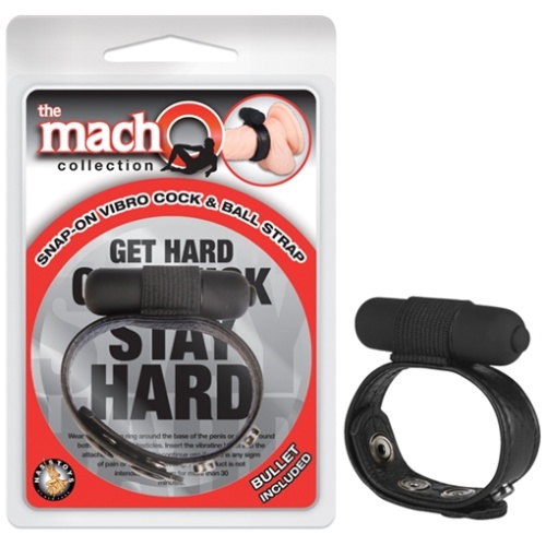 The Macho Collection Snap-on Vibro Cock and Ball Strap - Black