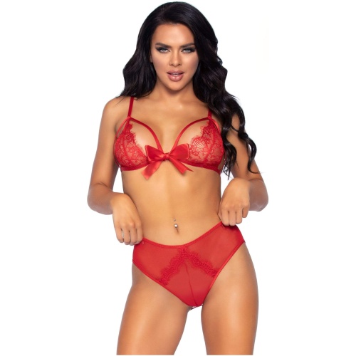 2 Pc. Lace Bralette and Ribbon Tie Crotchless Panty - One Size - Red