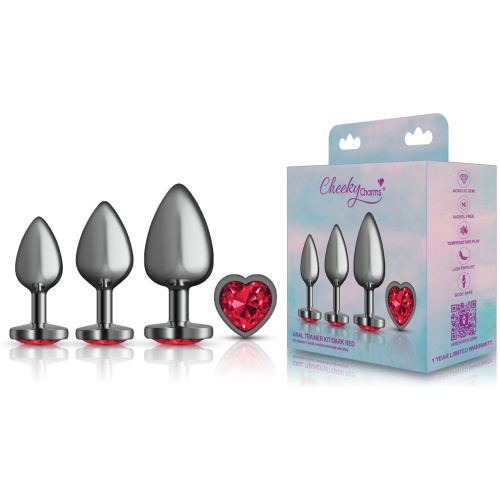 Presale Only - Cheeky Charms - Metal Butt Plug Gunmetal - Heart Dark Red - Anal Trainer Kit