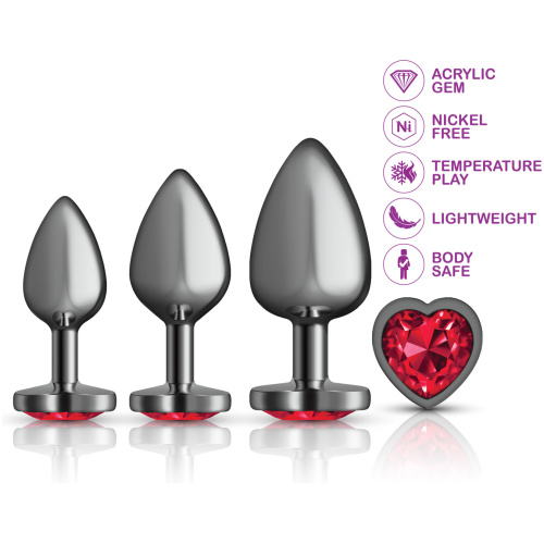 Presale Only - Cheeky Charms - Metal Butt Plug Gunmetal - Heart Dark Red - Anal Trainer Kit