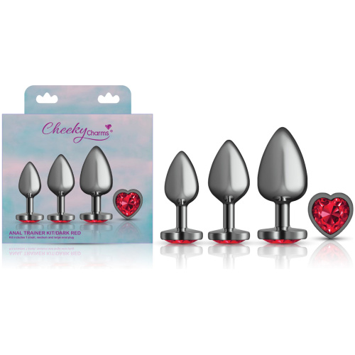 Presale Only - Cheeky Charms - Metal Butt Plug Gunmetal - Heart Dark Red - Anal Trainer Kit