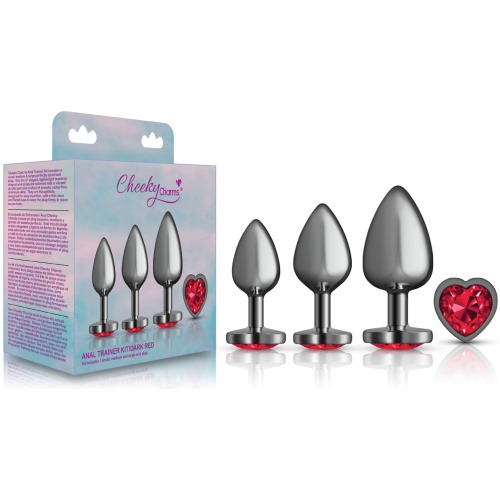 Presale Only - Cheeky Charms - Metal Butt Plug Gunmetal - Heart Dark Red - Anal Trainer Kit