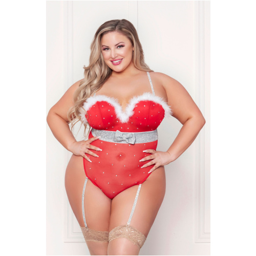 Rhinestone Studded Mesh Teddy With Marabou Trim -  X-Large - Red