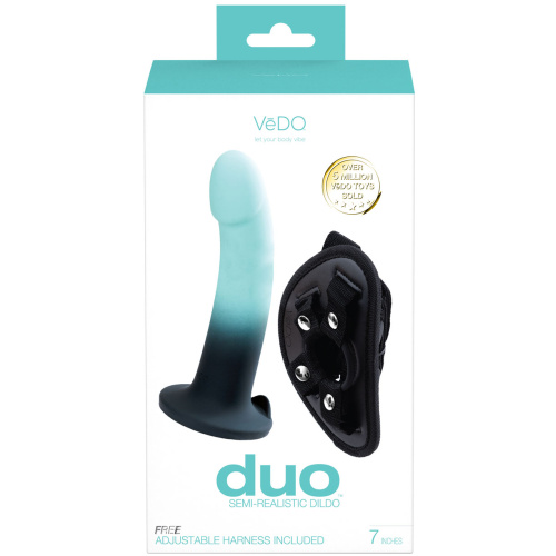 Duo Semi-Realistic Dildo With Harness - Turquoise/black