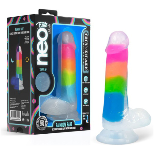 Neo Elite Glow in the Dark Rainbow Rave 6.5" Silicone Dual Density Dildo Multicolored
