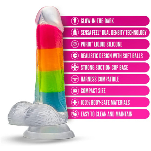 Neo Elite Glow in the Dark Rainbow Rave 6.5" Silicone Dual Density Dildo Multicolored
