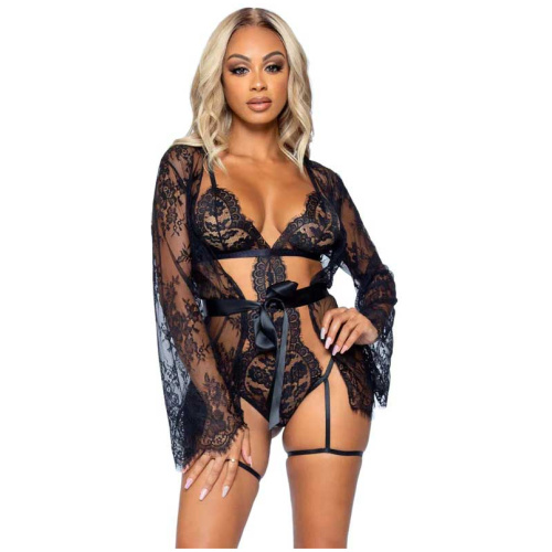 All Romance Lace Teddy and Robe Set - Large - Black