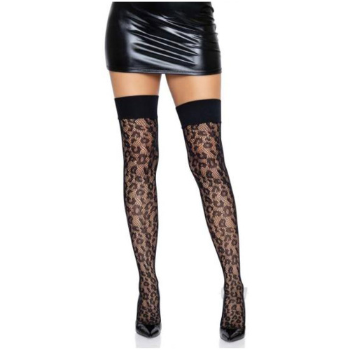 Leopard Net Thigh High With Wide Band Top - One  Size - Black