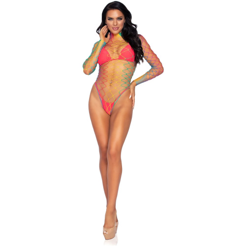 High Neck Fence Net Long Sleeve Bodysuit With Snap Crotch Thong Panty - One Size - Rainbow