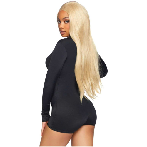 Zipper Front Long Sleeved Matte Romper - Small -  Black