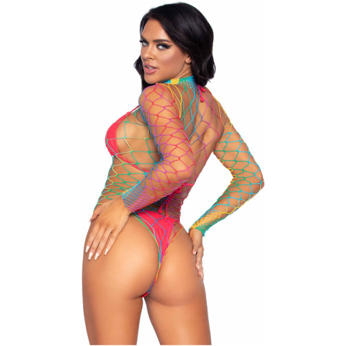 High Neck Fence Net Long Sleeve Bodysuit With Snap Crotch Thong Panty - One Size - Rainbow