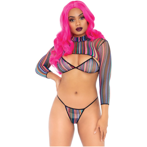 3 Pc Fishnet Bikini G-String and Crop Top - One Size - Multicolor