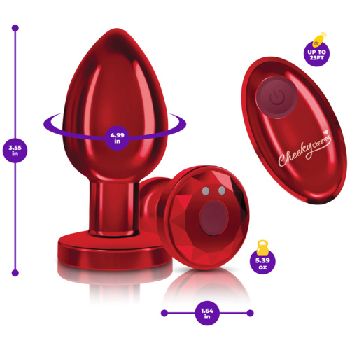 Cheeky Charms - Rechargeable Vibrating Metal Butt Plug With Remote Control - Red - Large