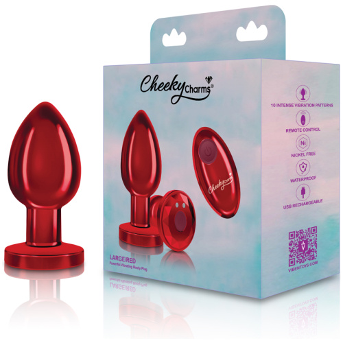 Cheeky Charms - Rechargeable Vibrating Metal Butt Plug With Remote Control - Red - Large