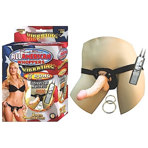 All American Whoppers Vibrating 8" Dong With Unversal Harness - Light