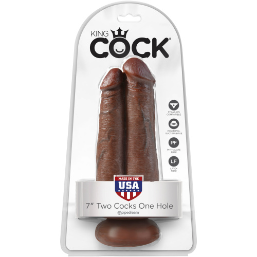 King Cock 7" Two Cocks One Hole - Brown