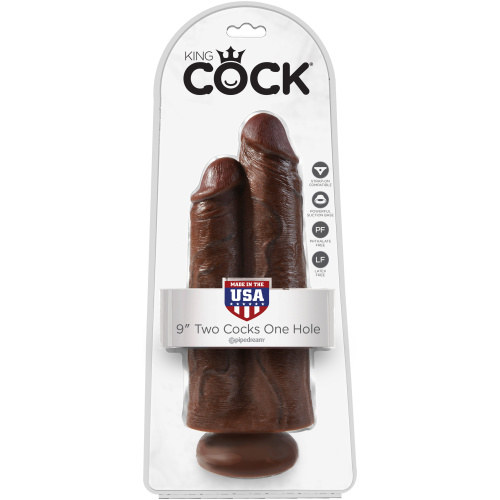 King Cock 9 Inch Two Cocks One Hole - Brown