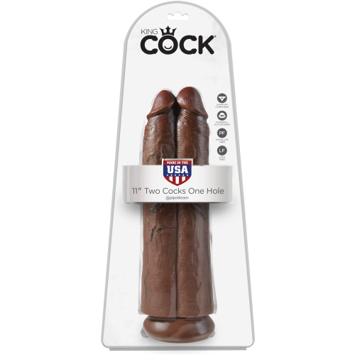 King Cock 11" Two Cocks One Hole - Brown