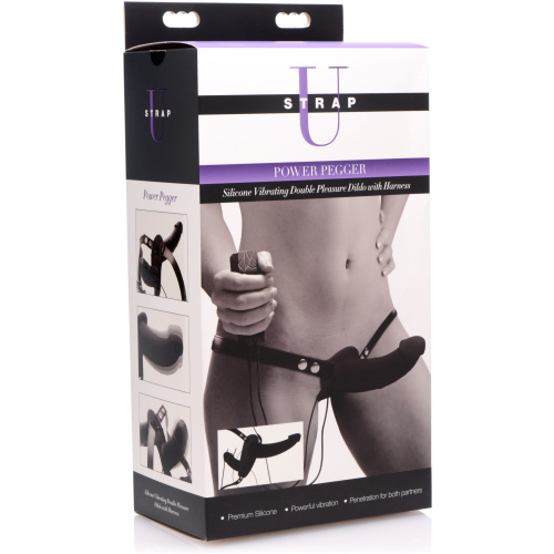 Power Pegger Silicone Vibrating Double Dildo With Harness - Black