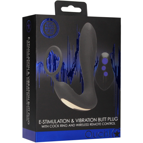 E-Stimulation and Vibration Butt Plug With Cock Ring and Wireless Remote Control - Black