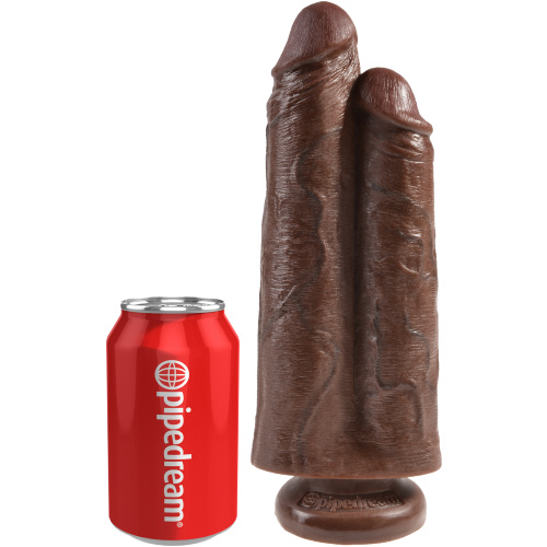 King Cock 9 Inch Two Cocks One Hole - Brown