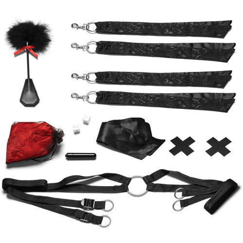 Night of Romance Satin Cuffs With Rose Petals 6pc Bedsreader Set